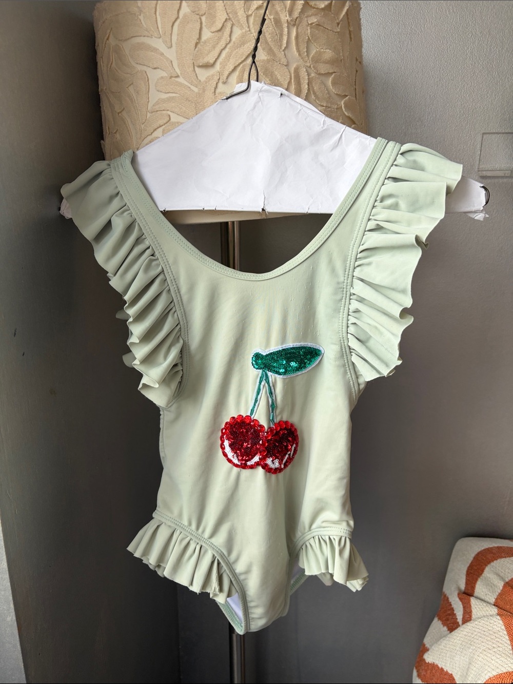 Lola + The Boys Light Green One-Piece Swim with Red Sequin Cherries